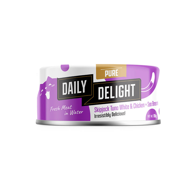 BUY 2 CTN, 5% OFF: Daily Delight Pure Skipjack Tuna White and Chicken with Sea Bream Canned Cat Food 80g x 24 cans