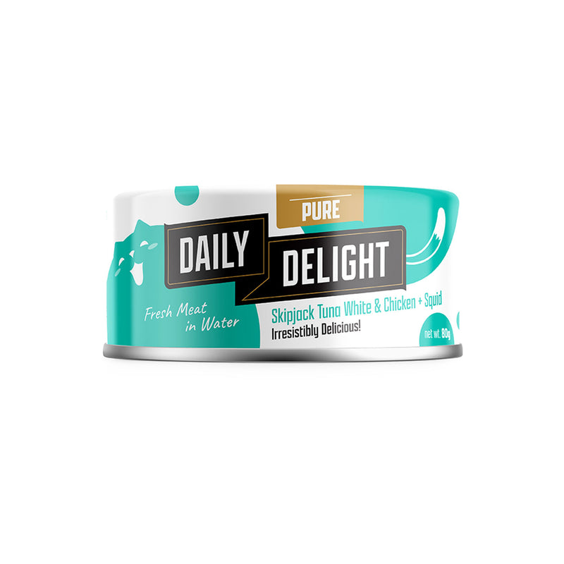 BUY 2 CTN, 5% OFF: Daily Delight Pure Skipjack Tuna White and Chicken with Squid Canned Cat Food 80g x 24 cans