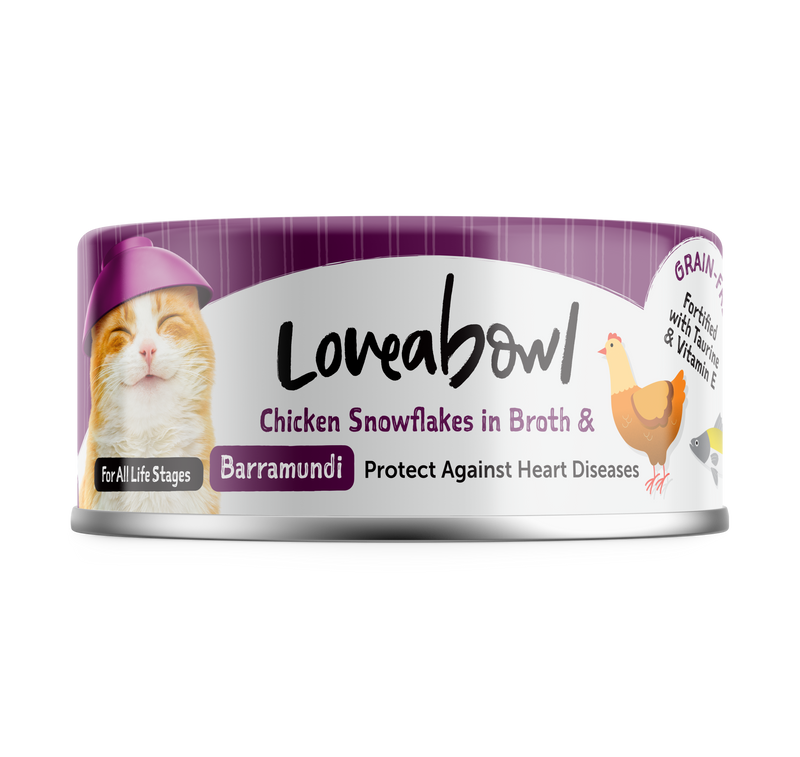 BUY 2 CTN, 5% OFF: Loveabowl Chicken snowflakes in Broth with Barramundi Cat Canned Food 70g x 24 cans