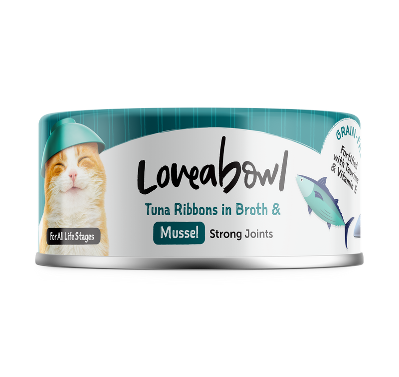 BUY 2 CTN, 5% OFF: Loveabowl Tuna ribbons in Broth with Mussel Cat Canned Food 70g x 24 cans