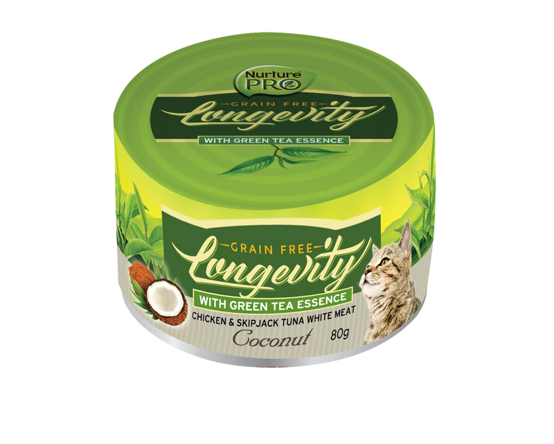 BUY 2 CTN 5% OFF: Nurture Pro Longevity Chicken & Skipjack Tuna Meat with Coconut & Green Tea Essence Cat Can Food 80g x 24 cans