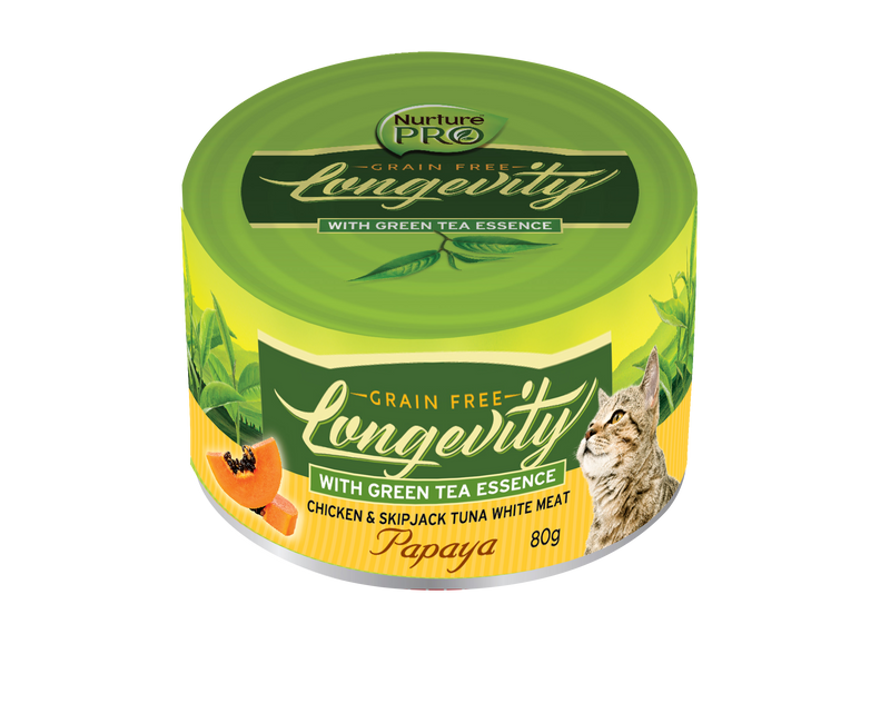 BUY 2 CTN 5% OFF: Nurture Pro Longevity Chicken & Skipjack Tuna Meat with Papaya & Green Tea Essence Cat Can Food 80g x 24 cans