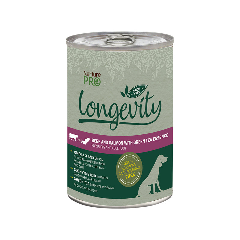 Nurture Pro Longevity Beef & Salmon with Green Tea Essence Grain Free Canned Dog Food 375g x 12 Cans
